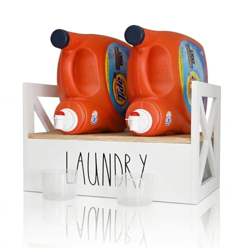 Detergent Holder for Laundry Room, Farmhouse Liquid Soap Dispenser, Detergent Storage Organization Stand with Drip Catcher Drip Tray Measuring Cup, Laundry Station Organizer