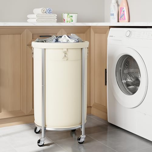 ELYKEN Laundry Basket with Wheels, Round Rolling Laundry Hamper, Cream - color: Cream, size: 110L