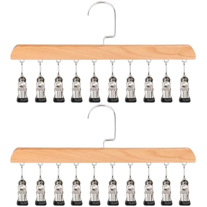 2 Pack Wooden Closet Organizer with 10 Clips, Space Saving Hanging Clothes Hanger, Vintage Wood Clothespins for Jeans Skirts Scarves Hats Socks
