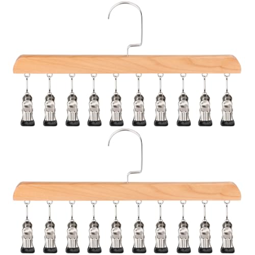 2 Pack Wooden Closet Organizer with 10 Clips, Space Saving Hanging Clothes Hanger, Vintage Wood Clothespins for Jeans Skirts Scarves Hats Socks