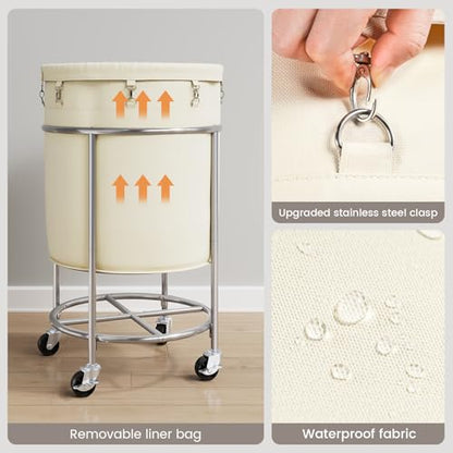 ELYKEN 190L Laundry Basket with Wheels, Steel Frame, Removable Bag, Cream - color: Cream, size: 190L