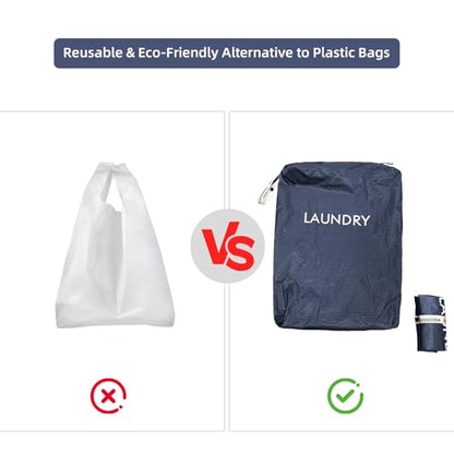 GOGOODA Travel Laundry Bags Reusable Dirty Clothes Bag with Handle - color: Navy Blue & Green