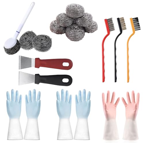Kitchen Cleaning kit, 3 Pairs Reusable Waterproof Household Dishwashing Cleaning Gloves, 6 PCS Steel Wool Scrubbers with Handle, 5 PCS Crevice Cleaning Brush Set.