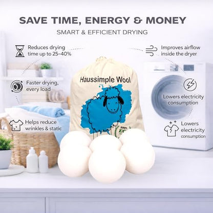 Wool Dryer Balls 6-Pack 100% Natural New Zealand Wool, Handmade in Nepal Reusable Laundry Balls, Faster Drying, Softer Clothes, Anti-Static, Dryer Sheets Alternative (Plain White) - color: Plain White