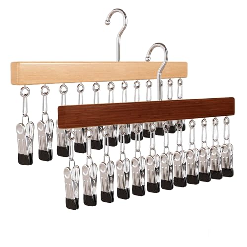 Wooden Rotating Pants Hanger, Closet Organizer with 12 Clips, Space Saving Hanging Clothes Legging Wardrobe Organizer for Jeans, Hats, Shorts, Socks (Brown+Nature, 2Pack)