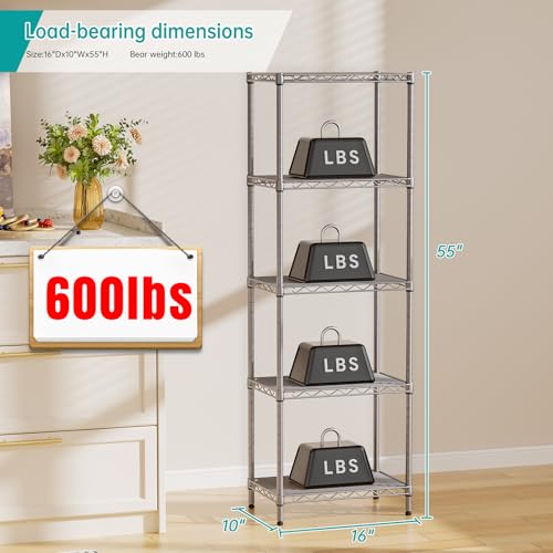 SINGAYE Metal Shelves Wire Shelving Storage Standing Adjustable Shelf Unit - color: Grey, size: 5 Tier 10"Dx16"Wx55"H