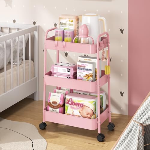 TOOLF 3 Tier Rolling Cart, Metal Utility Storage Cart with Wheels, Pink | 4 Hooks, Lockable Wheels, Trolley Organizer for Bathroom, Kitchen, Office, Nursery, Dorm, Laundry Room