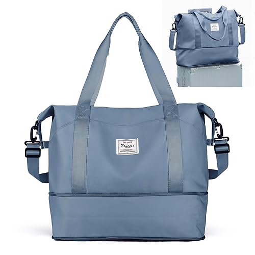 Travel Duffel Bags for Women, Shoulder Weekender Bag with Trolley Sleeve, Sport Gym Tote Bags for Men, 18x14x8 Foldie Travel Bag Expandable Carry On Overnight Bags for airplanes，JewelBlue - color: B1-JewelBlue