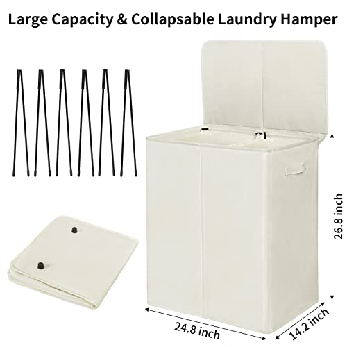 WOWLIVE 154L Double Laundry Hamper 2 Section with Lid and Removable Bags - color: Beige, size: 154l (24.8x 14.2 X 26.8 Inches)