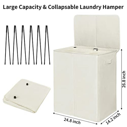 WOWLIVE 154L Double Laundry Hamper 2 Section with Lid and Removable Bags - color: Beige, size: 154l (24.8x 14.2 X 26.8 Inches)