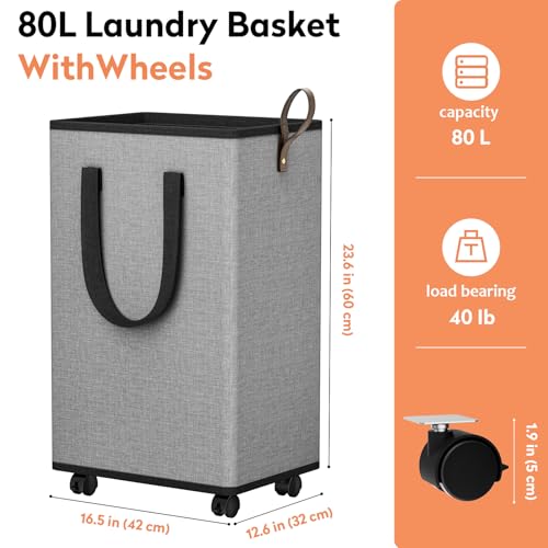 SpaceTrove Rolling Laundry Basket with Wheels, Laundry Hamper, 80L, Grey - color: Grey, size: 80L
