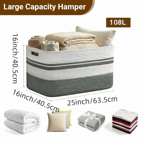 Large Laundry Basket/Hamper, 25"x16"x16" Rectangle Woven Basket - color: Green/White, size: 108L