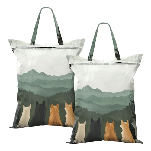 Travel Laundry Bags 2 PC Wet Dry Bag with Handle Dirty Clothes Organizer for Swimsuits Beach Camping Waterproof Washable Cute Wolves Back and Green Mountain - color: Cute Wolves Back and Green Mountain