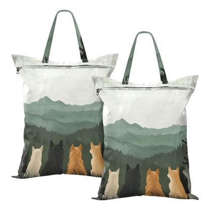 Travel Laundry Bags 2 PC Wet Dry Bag with Handle Dirty Clothes Organizer for Swimsuits Beach Camping Waterproof Washable Cute Wolves Back and Green Mountain - color: Cute Wolves Back and Green Mountain