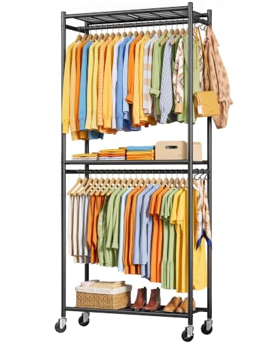 Sakugi Clothes Rack - 33.0" x 12.2" x 79.5" Clothing Rack with Shelves & Wheels, Multi-Functional Wardrobe Closet with Hooks, Sturdy Metal Garment Rack for Bedroom, Laundry, Balcony (Black) - color: Black, size: Large