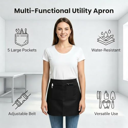 Waterproof Server Apron with 5 Large Pockets, Waist Apron for Women and Men, Cleaning Apron Utility Tool Belt for Waitress Housekeeping Gardening Barista Work Apron, Black