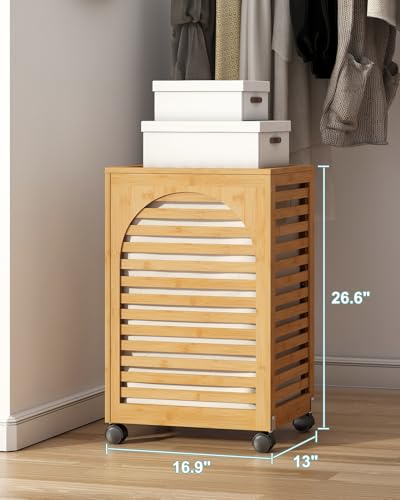 Laundry Hamper with Wheels, Laundry Basket with Lid, 22.5Gallon (85L) Bamboo Wood Clothes Laundry Hamper 2 Section with Handles, Removable Liner - color: Natural, size: Medium