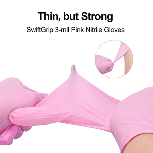 SwiftGrip Pink Nitrile Gloves, 3-mil, Industrial Gloves Disposable Latex Free, for Cleaning & Esthetician, Rubber Powder-Free, 100-ct Box (X-Large) - size: X-Large