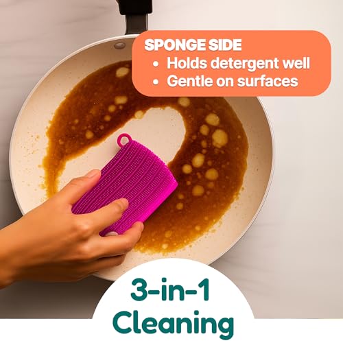3-in-1 Silicone Scrubber Sponge with Squeegee – Non-Scratch Kitchen Sponge for Dishes, Sink & Bathroom, Quick-Dry, Reusable Cleaning Tool (Teal +Yellow) - color: Teal +Yellow