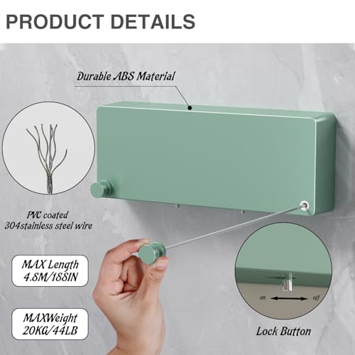Retractable Clothesline Indoor, Non-Sagging Clothes line retracting Outdoor, Heavy Duty Wall Mounted Laundry Line Adjustable Stainless Steel for Laundryroom, Bathroom, 15.8 Feets Double Lines Green - style: Green
