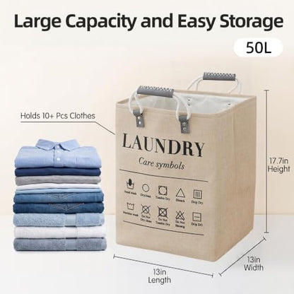 Small Laundry Basket, 50L Foldable Laundry Hamper Organizer with Handles, Fashion Portable Laundry Basket in Bedroom, Laundry Room, Closet, Bathroom, College Dorm (Beige) - color: Beige