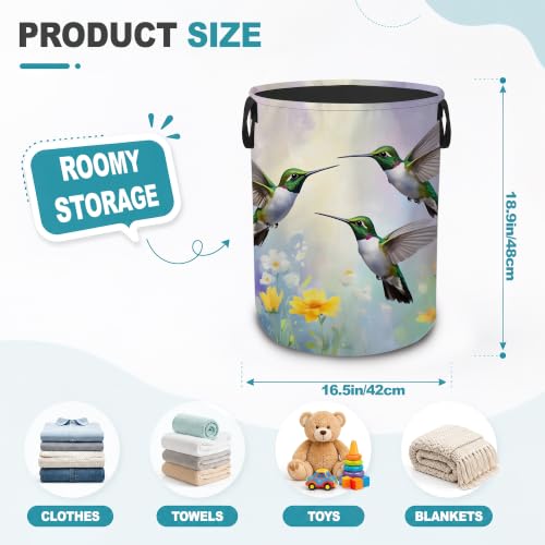 Hummingbird Wildflowers Collapsible Laundry Hamper,Spring Flowers Waterproof Oxford Cloth Clothes Basket with Handles for Bathroom Bedroom Nursery Dorm Room,16" x 20" - color: Hummingbird Wildflowers,Spring Flowers