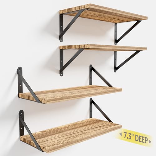 COCOYA Wall Shelves 7.3" Deep Solid Paulownia Wood (Light Brown, Set of 4) - color: Carbonized Black, Set of 4