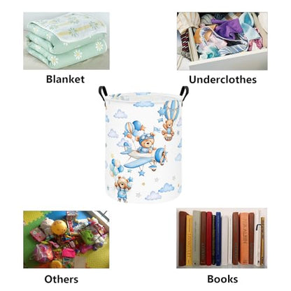 Foldable Waterproof Round Fabric Laundry Basket Home, Blue Pilot Bear - color: Round-Blue Pilot Bear