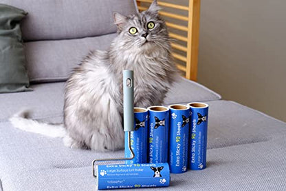 Extra Sticky Large Surface Lint Roller, 6.3'' Giant Lint Roller for Pet Hair, Lint Remover Roller for Cat Hair, Clothes, Furniture (1 Handle + 450 Sheets) - style: 1 Roller + 4 Refills