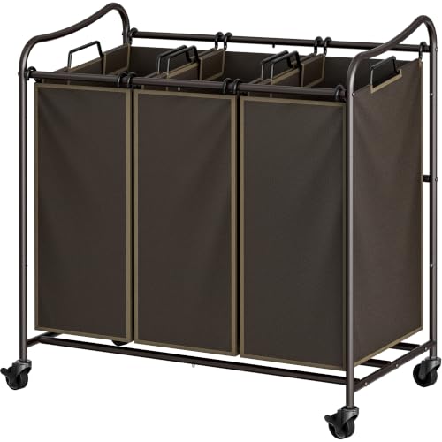 Simple Houseware Heavy Duty 3-Bag Laundry Sorter Rolling Cart, Bronze - color: Bronze
