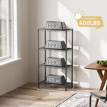 SINGAYE 4 Metal Shelves Wire Shelving Storage Shelf Adjustable Unit Pantry - color: Black, size: 4 Tier 14"Dx24"Wx48"H