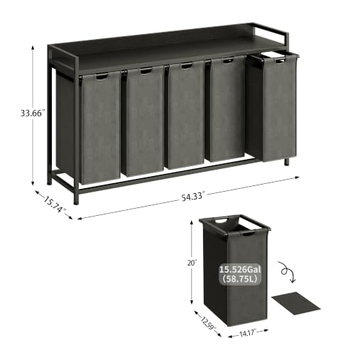 Herture Laundry Hamper with Shelf, Laundry Basket 5 Section, Laundry Sorter with Pull-Out Removable Large Bags and Movable Wheels, Metal Frame, 5 x 15.87 Gallons (60L), Black PF08XLB - color: Black + Gray, size: 5 Bags-300 L