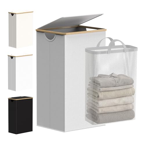 efluky Laundry Basket with Lid and Removable Bag, 100L Tall Laundry Hamper with Bamboo Handles, Aesthetic Dirty Clothes Bin for Laundry Room, Bathroom, Bedroom and Dorm, Light Grey - color: Light Grey, size: 100L