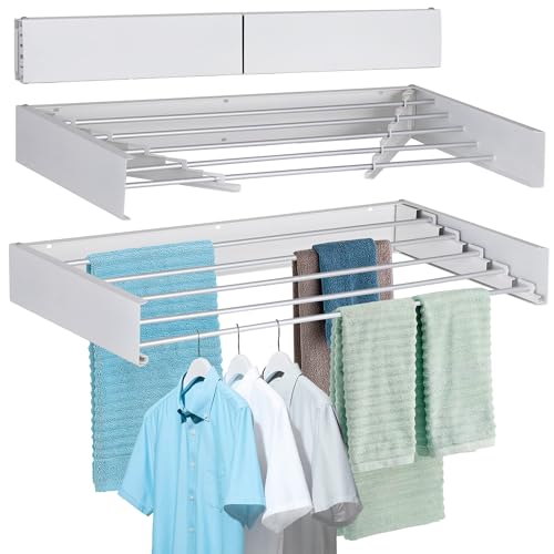 FOCHIER F Laundry Drying Rack Wall Mounted Clothes Drying Rack Collapsible with 5 Aluminum Rods and Drilling Template Long Screwdriver Bit 60 lbs Capacity (White, 40") - color: White, size: 40"