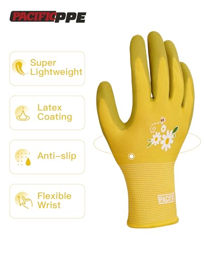 PACIFIC PPE 3 Pairs Gardening Gloves for women, Rubber Coated Garden Gloves, Ladies Yard Work Gloves, Breathable, Yellow, Medium - color: Yellow, size: Medium (Pack of 3)