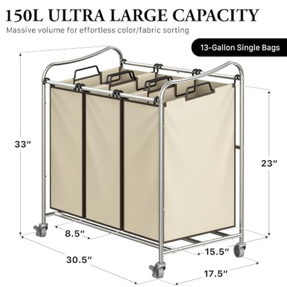 Simple Houseware Heavy Duty 3-Bag Laundry Sorter Rolling Cart, Chrome - color: Chrome