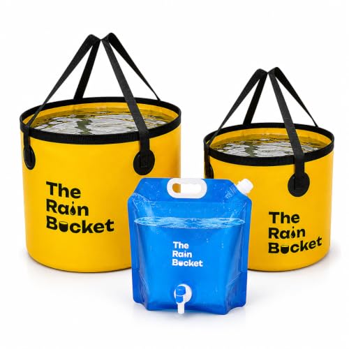 3-Piece Collapsible Bucket Set, 10L & 15L Waterproof PVC Buckets with 10L Water Bag & Faucet, Portable Leakproof Bucket for Camping, Fishing, Hiking, Car Wash & Gardening, Yellow