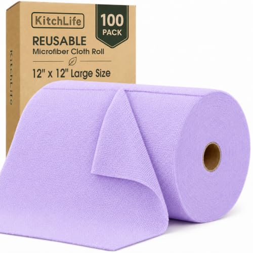 Microfiber Cleaning Cloth Roll, 100 Pack, 12 x 12 Inch Tear Away Reusable Paper Towels, Thick Cleaning Towels, Absorbent Lint Free Washable Rags for Kitchen, Car, Garage and Workshop - Light Purple - color: Light Purple