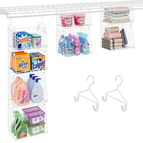 4-Tier Hanging Laundry Room Organizer: Foldable Wire Shelf Basket with 2 Large Hooks 1.65" & 360°Rotating Hooks – Space-Saving Laundry Storage Basket, for Wardrobe Closet Storage, White Patent - color: White, size: 4-Pack-11"D x 13.7"W x 51"H