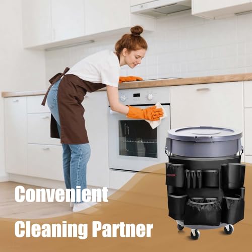 Hongmed Trash Can Caddy Bag: 1680D Fabric Heavy-Duty Cleaning Caddy with Adjustable Buckle fits 32-55 gal Trash Can, Multi-Pockets Cleaning Tool Organizer for House Cleaners & Janitorial Duties