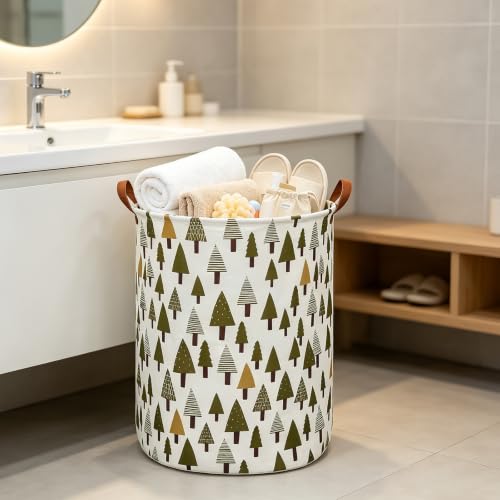 Foldable Waterproof Round Fabric Laundry Basket Home, Green forest - color: Round-Green forest