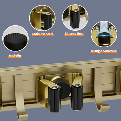reliahom Broom Holder Wall Mount Mop Hanger Tools organizer 4Racks 5Hooks - color: Bronze