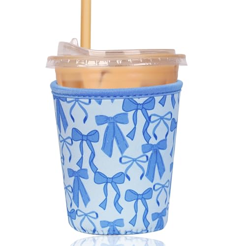Reusable Insulated Sleeve for Iced Coffee Cup, Coffee Neoprene Sleeve for Cold & Hot Drinks, Beverage Holder for Iced Coffee (Blue Bows, Small: 16-18oz) - color: Blue Bows, size: Small: 16-18oz