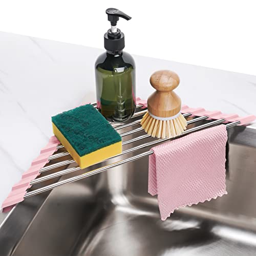 Tomorotec Triangle Foldable Dish Drying Rack, Small Roll-Up Stainless Steel Over Sink Drainer for Kitchen Sink Corner, Rustproof Multipurpose Organizer(Pink) - color: Pink