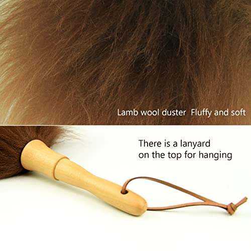Lambswool Duster 16'' Length Solid Wooden Handle Leather Hang Strap for Cleaning Ceiling Fans Window Blinds Computer Furniture Figurines TV Natural Feather Duster,Brown - color: Brown, size: 16 Inch