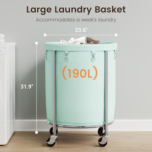 ELYKEN Laundry Basket with Wheels, Round Rolling Laundry Hamper, Mint Green - color: Mint Green, size: 190L
