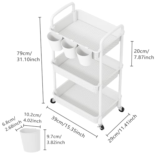 MOYIPIN 3-Tier Plastic Rolling Utility Cart with Handle,White - color: White, size: 3-Tiers with cups
