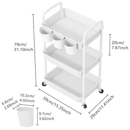 MOYIPIN 3-Tier Plastic Rolling Utility Cart with Handle,White - color: White, size: 3-Tiers with cups