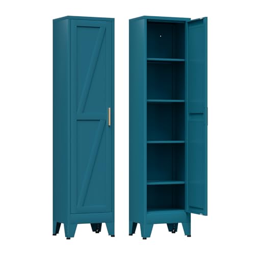 COFaR 67'' Tall Slim Bathroom Storage Cabinet, Metal Narrow Pantry Cabinet with 4 Adjustable Shelves and One Door, Skinny Cabinet Storage for Kitchen Laundry, Peacock Blue Farmhouse 5 Tiers - color: Peacock Blue, size: 11.81''D × 15.75''W × 66.93''H-S04