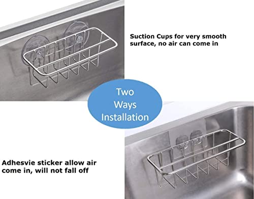TESOT Sink Caddy Sponge Holder for Kitchen Sink Dish Cloth Hanger 2 Suspension Options(Suction Cups and Adhesive Hook), SUS304 Stainless Steel, Silver - color: Silver